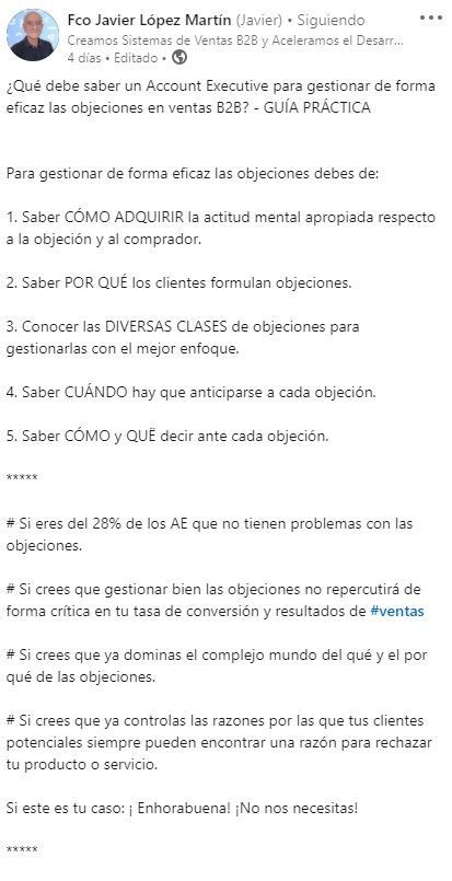 ejemplo de publicación de red social como contenido para empresas copywriter b2b